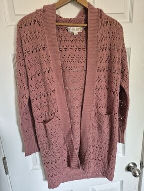 Pink Rose Open Knit Rose Pink Cardigan with Pockets